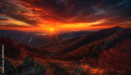 Majestic mountain range, tranquil sunset, panoramic beauty in nature generated by AI