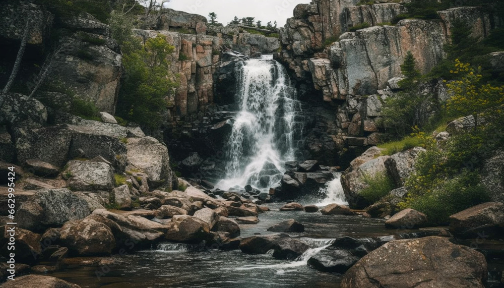 Tranquil scene of flowing water in majestic mountain landscape generated by AI Tranquil scene of flowing water in majestic mountain landscape generated by AI
