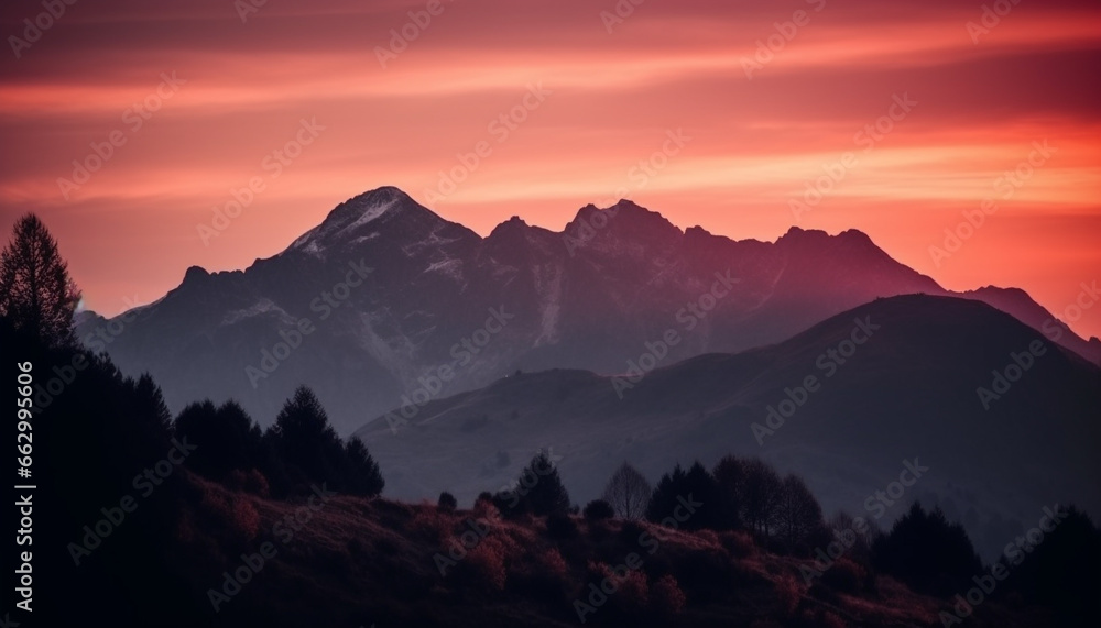 Majestic mountain range at dusk, tranquil scene of nature beauty generated by AI