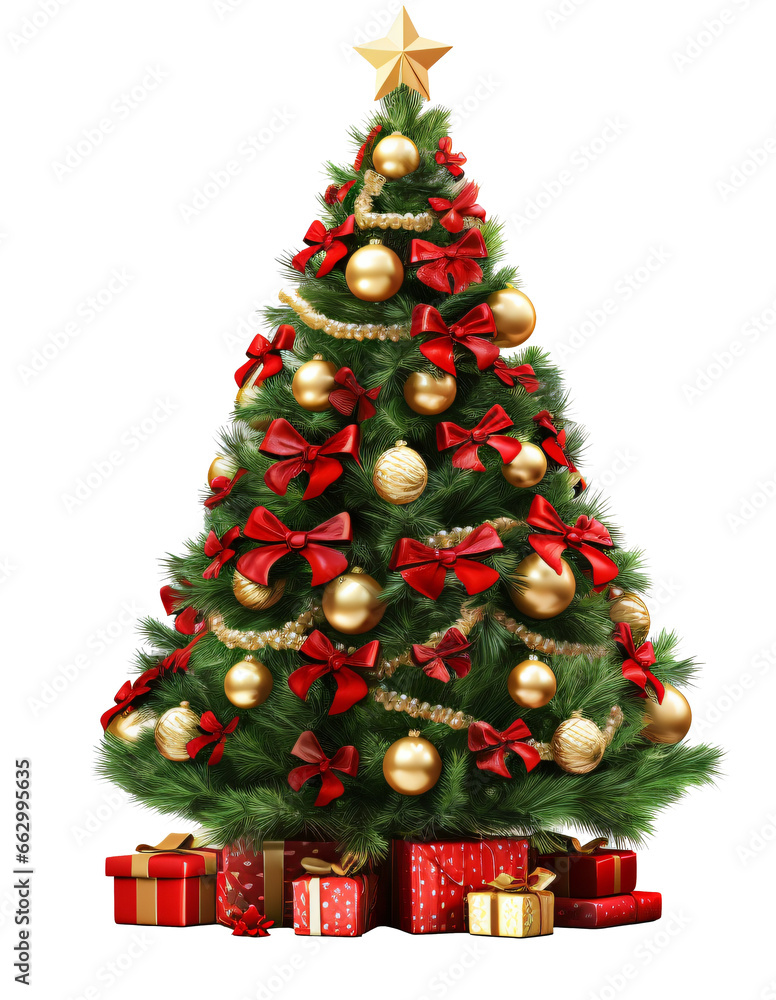 Christmas tree  with gold andred christmas balls and decorations  isolated on transparent background, PNG
