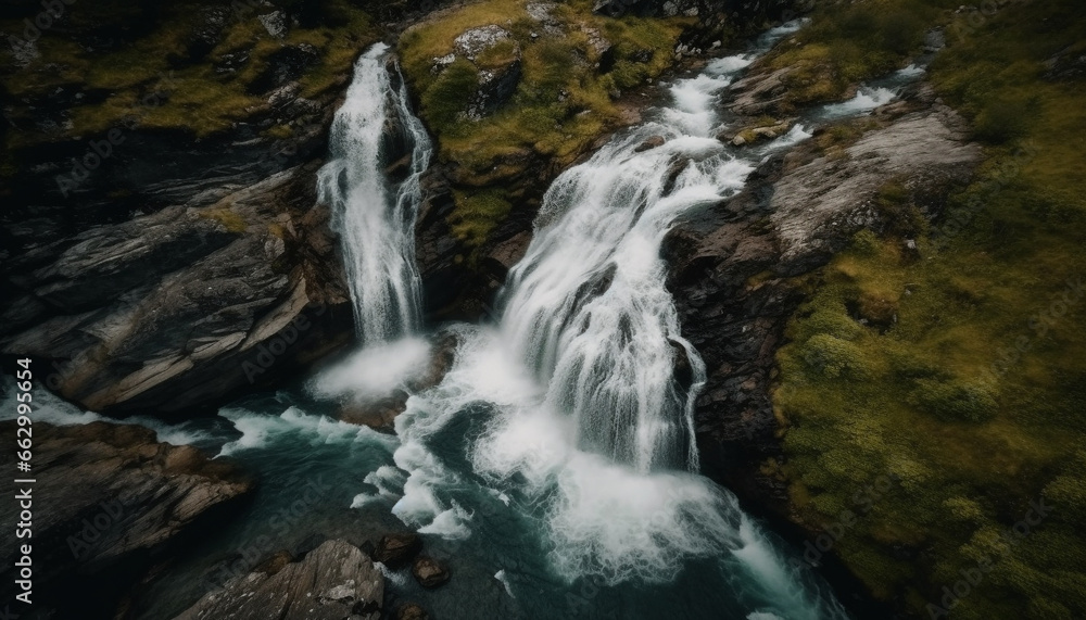 Tranquil scene of majestic mountain range, flowing water and greenery generated by AI Tranquil scene of majestic mountain range, flowing water and greenery generated by AI