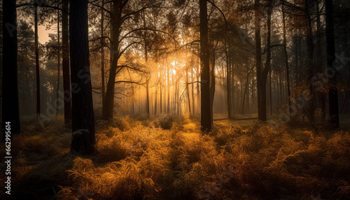 Tranquil autumn forest, mysterious beauty in nature, spooky wilderness silhouette generated by AI © djvstock