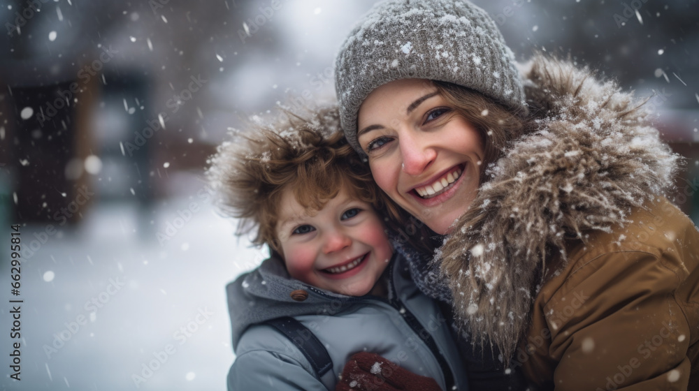 Winter portrait of mother and son in snow. Winter portrait of mother and son in snow.