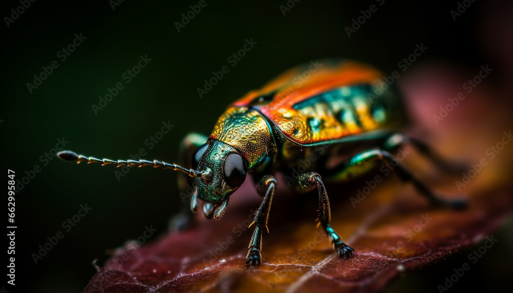 Naklejka premium Small weevil crawling on green leaf, selective focus on foreground generated by AI