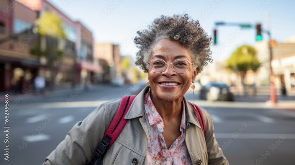 Street portrait of active senior african american woman.