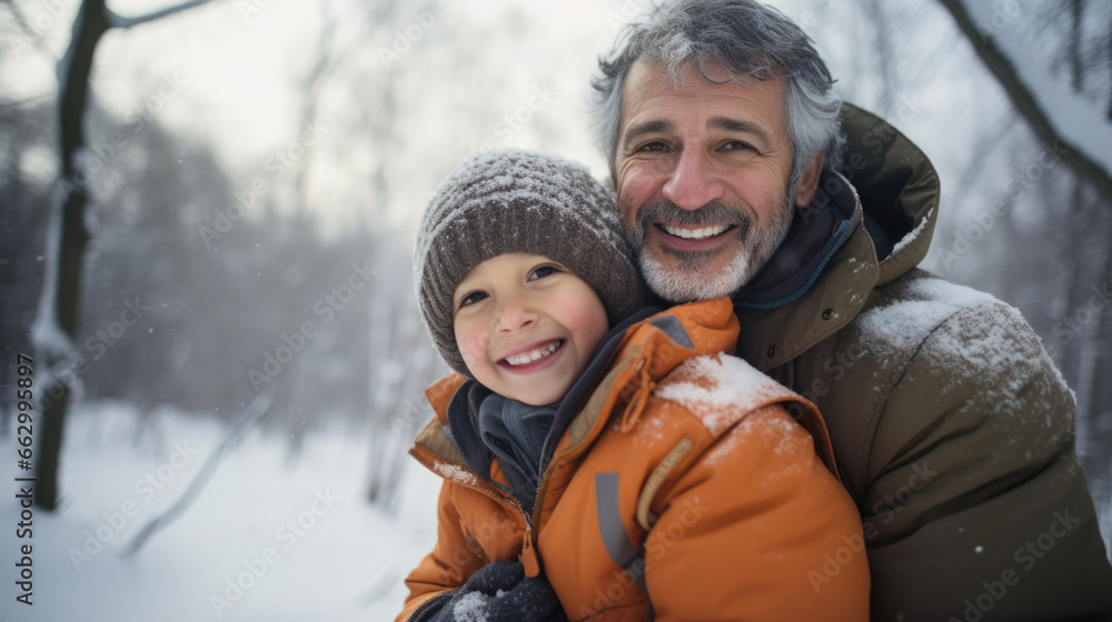 A joyful father and son bond in the winter wonderland, sharing laughter and warmth in the cold.