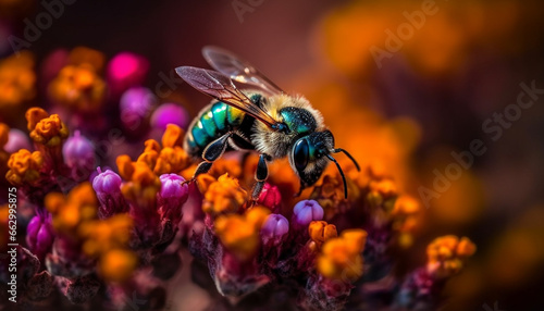 Busy honey bee picking up pollen from single flower in springtime generated by AI © djvstock