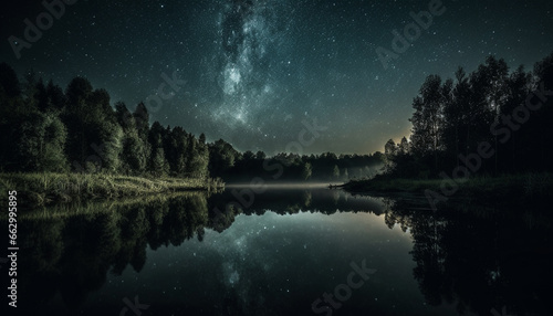 Tranquil night landscape Milky Way galaxy, star trail, reflection, mountain generated by AI