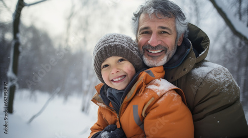 A joyful father and son bond in the winter wonderland, sharing laughter and warmth in the cold.