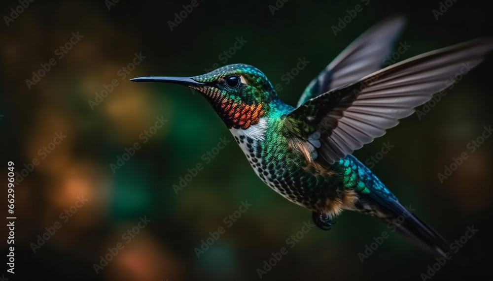 Fototapeta premium Hovering hummingbird spreads iridescent wings in vibrant nature beauty generated by AI