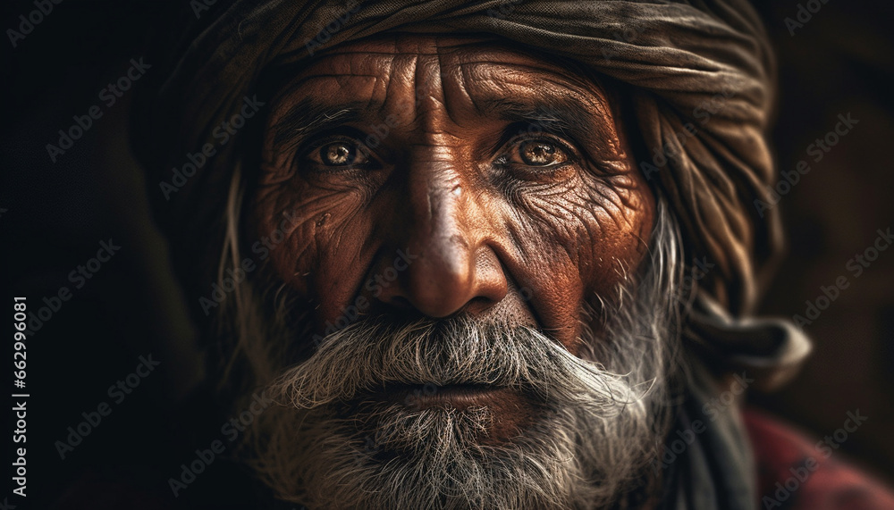 Senior man with gray hair and mustache in traditional turban generated by AI Senior man with gray hair and mustache in traditional turban generated by AI