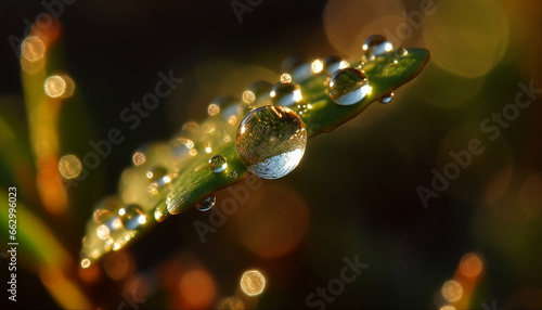 Fresh green leaves reflect dew drops in nature vibrant beauty generated by AI