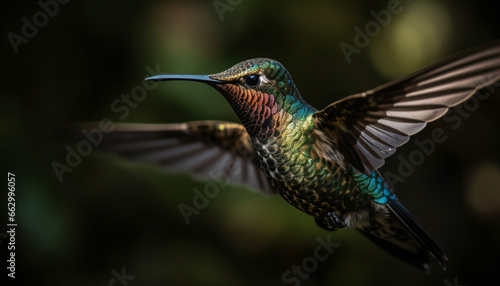 Hovering hummingbird spreads iridescent wings in natural beauty green embrace generated by AI © djvstock