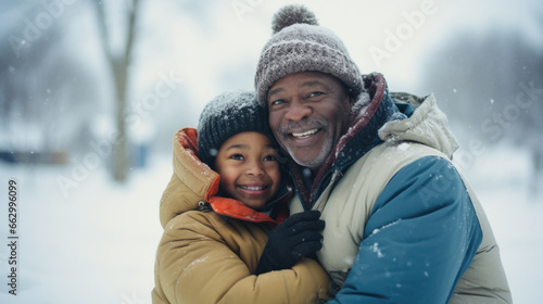 African american grandfather and his grandson in snowy park. Space for text.