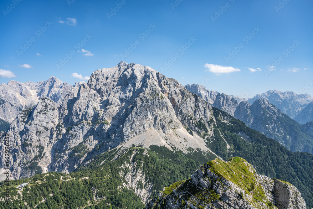 Vrsic Pass and Prisojnik, or Prisank, Mountain. Sunny day in Julian Alps, Slovenia