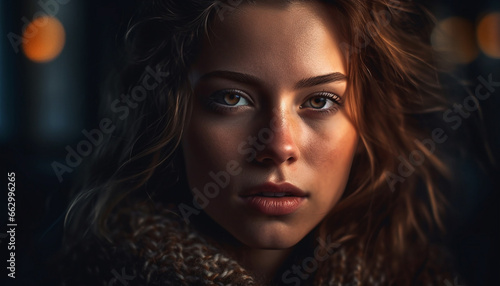 Beautiful young woman exudes confidence and sensuality in headshot generated by AI
