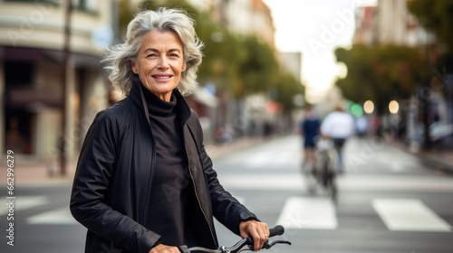 Street portrait of confident senior woman crossing the road with bicycle.