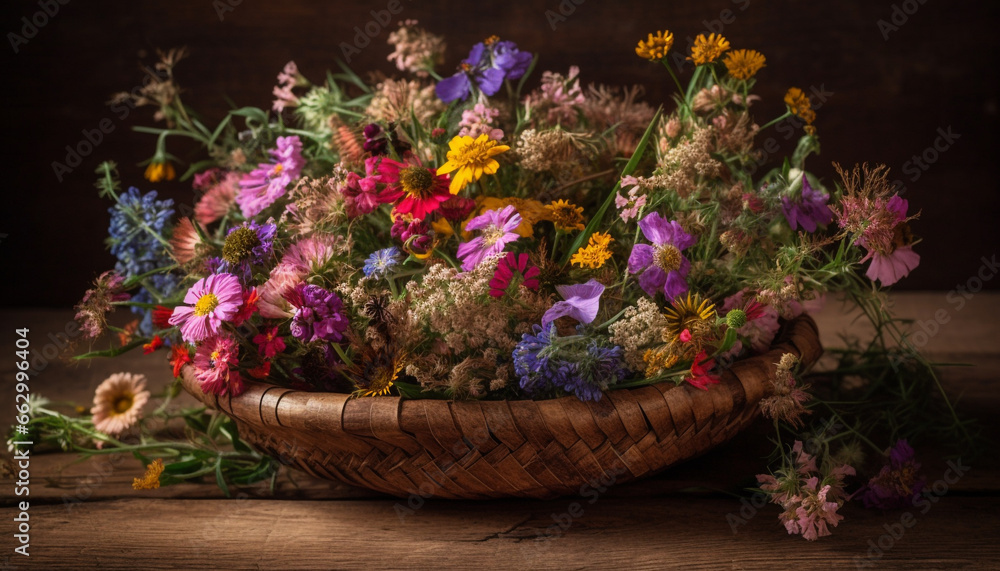 Rustic bouquet of wildflowers in a pink vase for decoration generated by AI