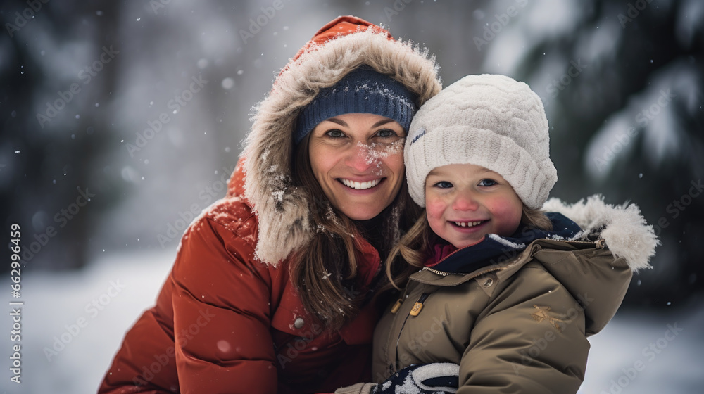 Winter adventures: A mother and her child embrace the cold, finding joy in the wonders of the season.
