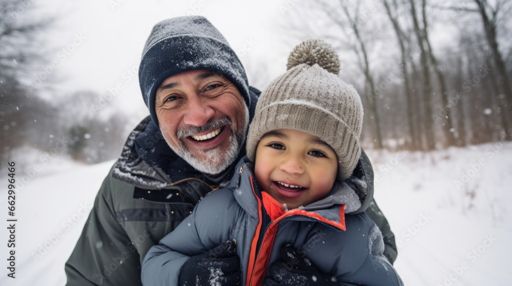 Snowy escapades: A father and son celebrate the season, exploring the enchanting winter landscape.