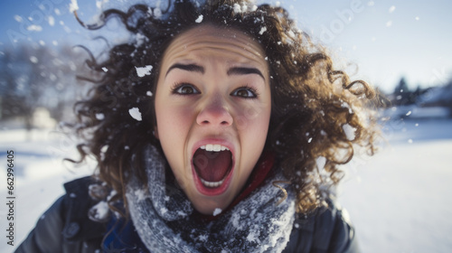 Close-up portrait of stressful woman screaming at camera.