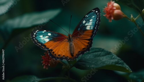 Vibrant butterfly wing in focus  pollinating single flower in nature generated by AI