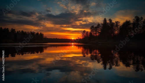 Tranquil scene of nature beauty in vibrant sunset reflection generated by AI
