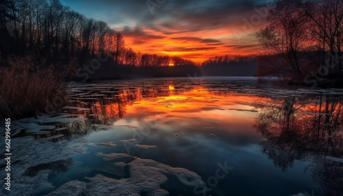 Tranquil sunset reflects beauty in nature, over forest and pond generated by AI