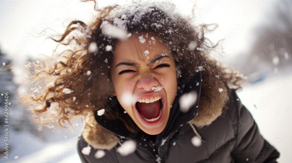 Portrait of woman in winter screaming during snow. Portrait of woman in winter screaming during snow.