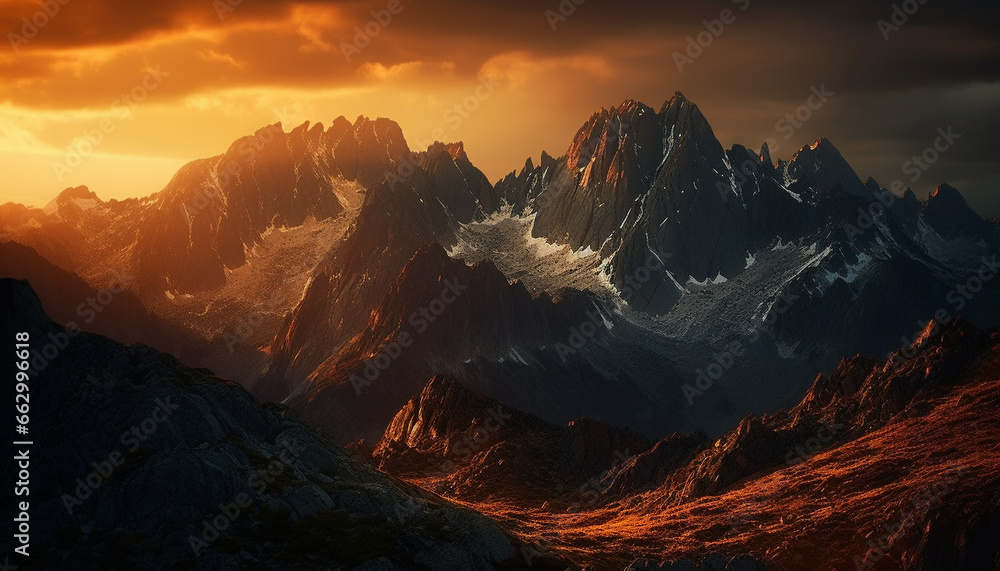 Obraz premium Majestic mountain range silhouette at dusk, a panoramic beauty in nature generated by AI