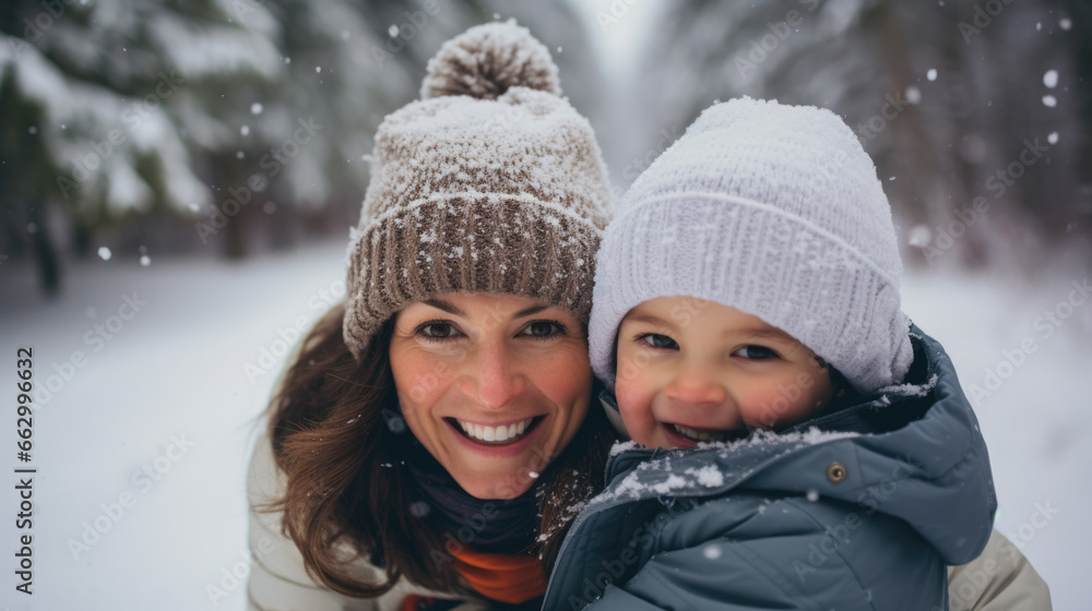 Fototapeta premium Winter wonderland: A joyful mother and her child share smiles and laughter amidst the snowy outdoor beauty.