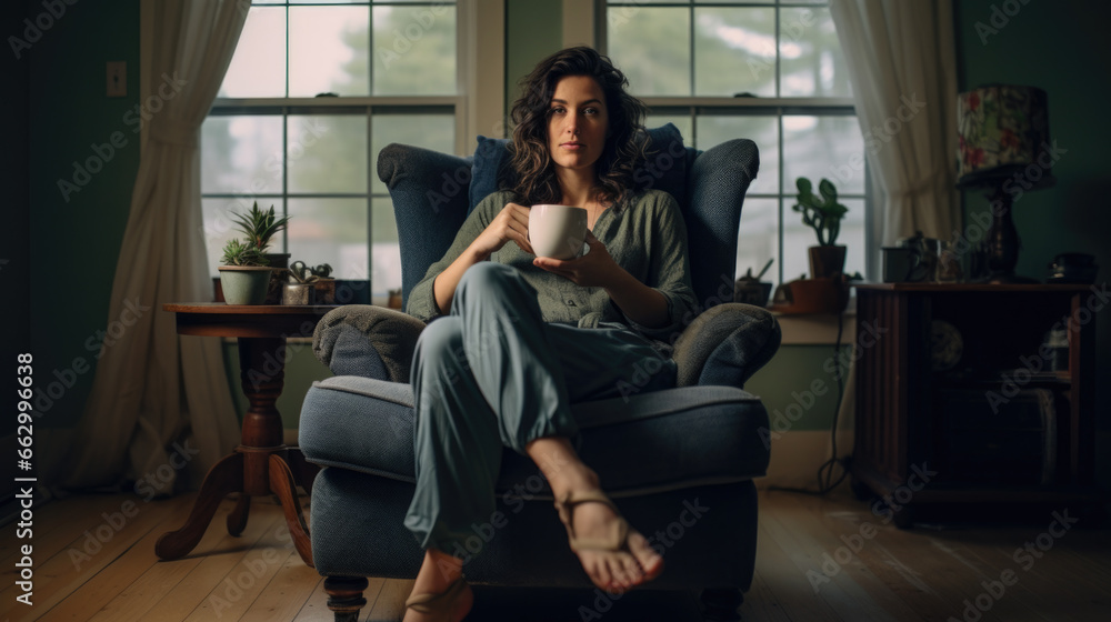 Woman sitting on chair with cup of hot beverage and looking at camera. Woman sitting on chair with cup of hot beverage and looking at camera.