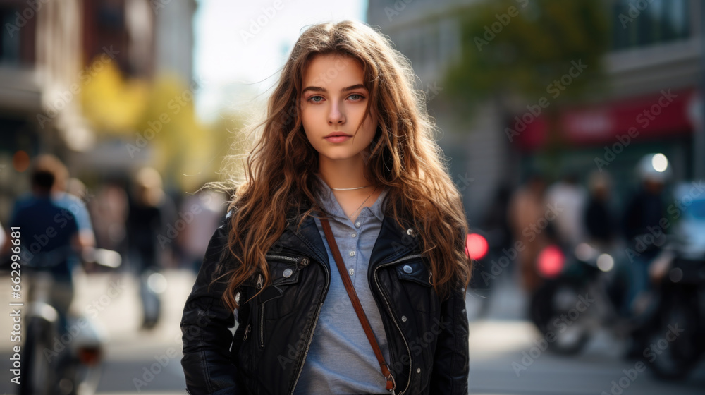 Street portrait of young woman walking in the city.