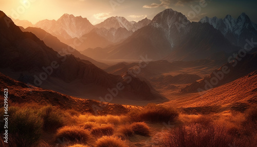 Majestic mountain range at dawn, a tranquil panoramic landscape generated by AI