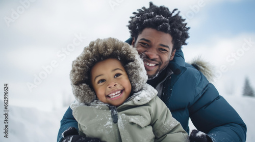 Snowball fights and laughter: A father and his son share playful moments in the wintery outdoors. photo