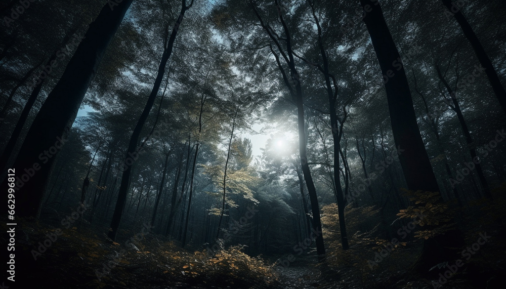 Fototapeta premium Spooky forest mystery dark autumn landscape, tranquil footpath, backlit silhouette generated by AI