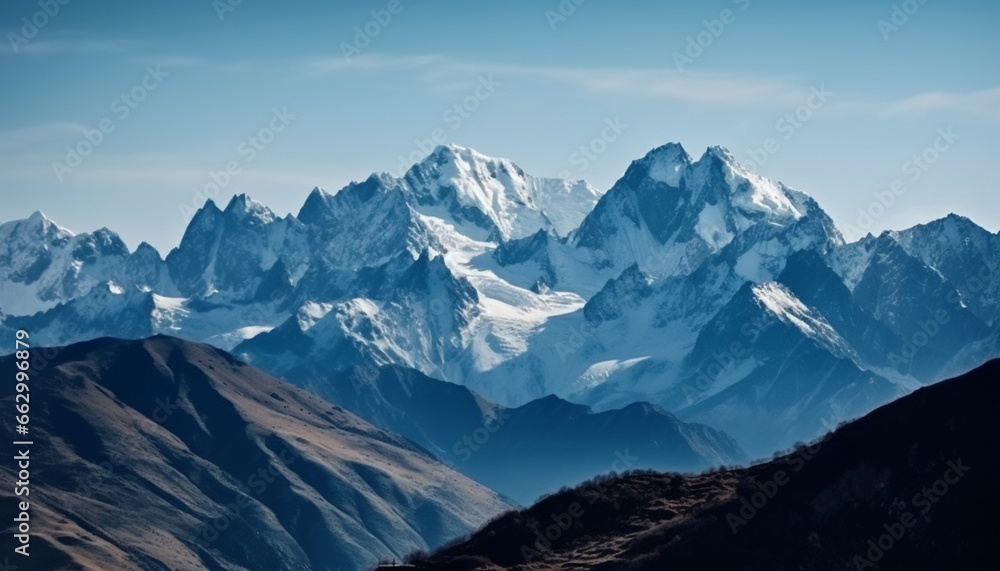 Panoramic mountain range, majestic peak, tranquil snow covered landscape generated by AI