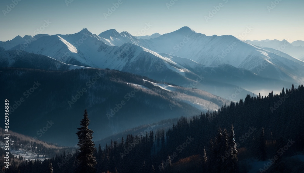 Majestic mountain range, tranquil scene, back lit by sunrise generated by AI
