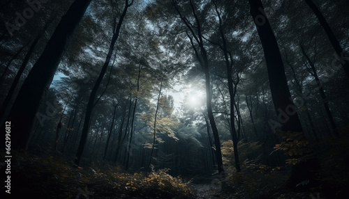 Spooky forest mystery  dark autumn landscape  tranquil footpath  backlit silhouette generated by AI