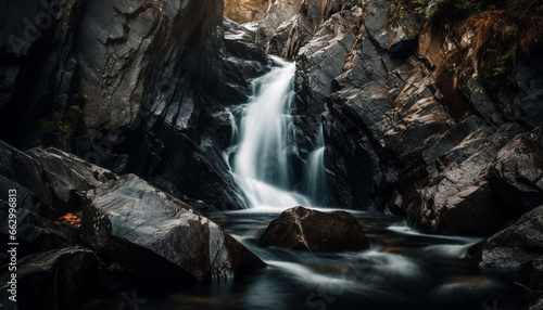 Tranquil scene of flowing water over rocky cliff in Alberta generated by AI