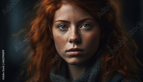 Beautiful young woman with brown hair looking at camera with confidence generated by AI