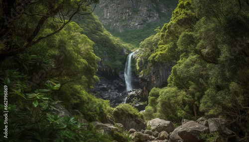 Tranquil scene of flowing water in majestic mountain range generated by AI © djvstock