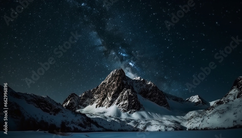 Adventure in Majestic Winter Landscape  Mountain Climbing to Milky Way generated by AI © djvstock
