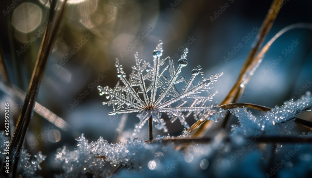 Wet dew drops on fresh green leaves in winter season generated by AI