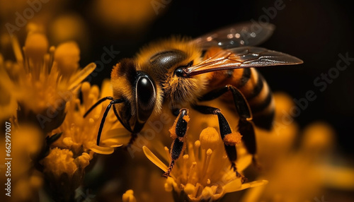 Busy honey bee picking up pollen from single flower petal generated by AI © djvstock