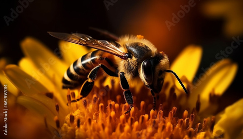 Busy honey bee picking up pollen from single flower blossom generated by AI © djvstock