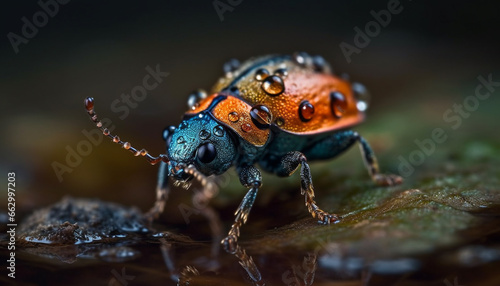 Small weevil crawling on wet green leaf in selective focus generated by AI © djvstock