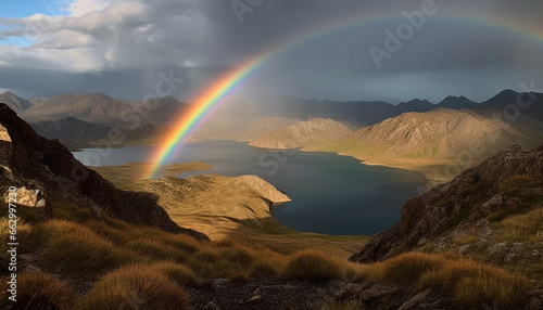 Tranquil scene of majestic mountain range, rainbow brightens landscape generated by AI