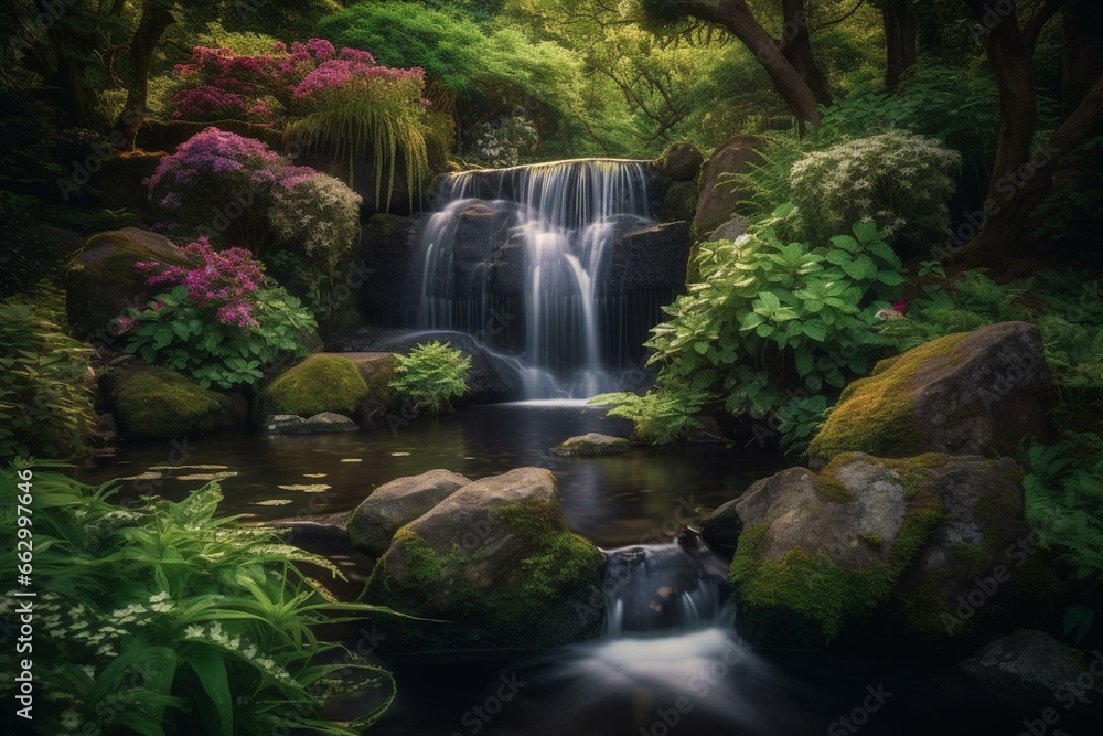 Discover an enchanting garden with a hidden waterfall, featuring hyper-detailed bokeh and ultra-wide angle for a stunning view. Generative AI