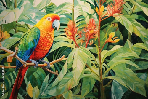 Bird among lush tropical foliage. Generative AI